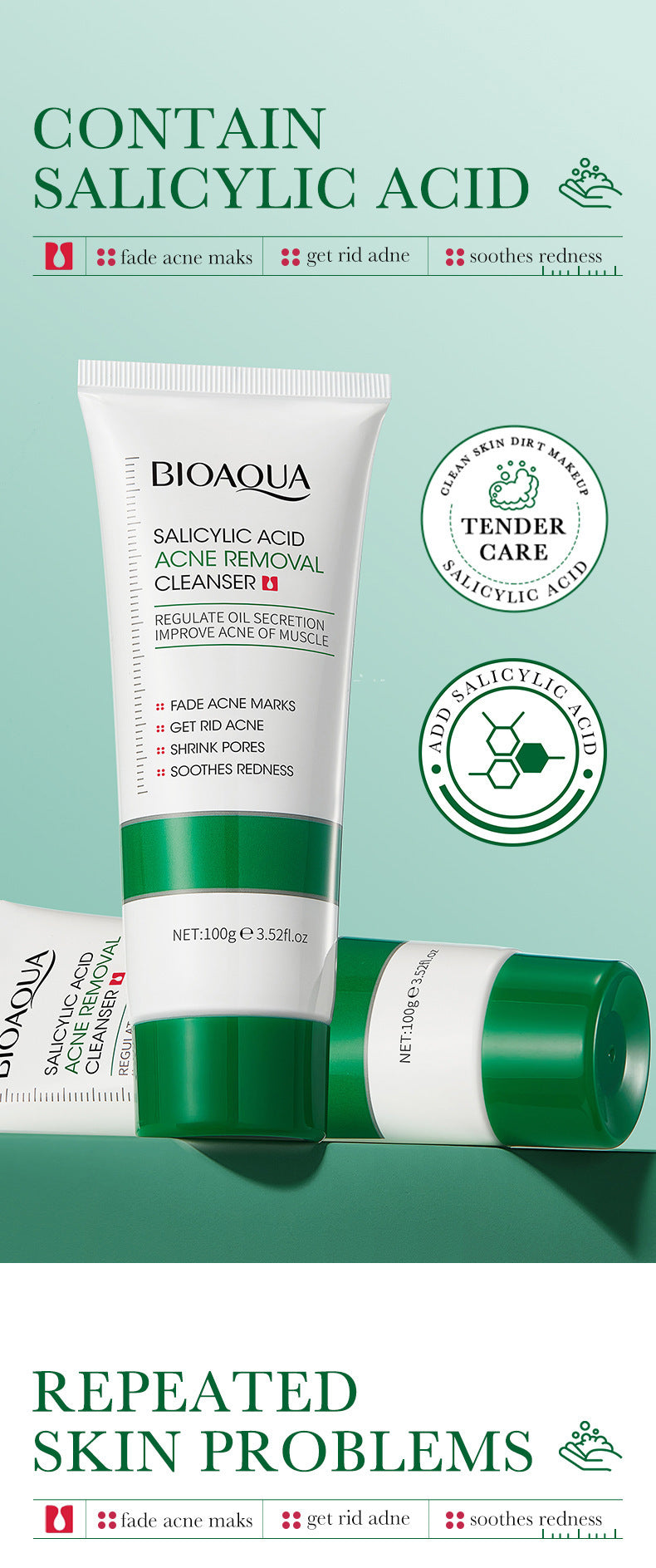 BIOAQUA Salicylic Acid Facial Cleanser Acne Treatment Moisturizing Oil Control skincare Face Wash Foam Face Cleanser Skin Care