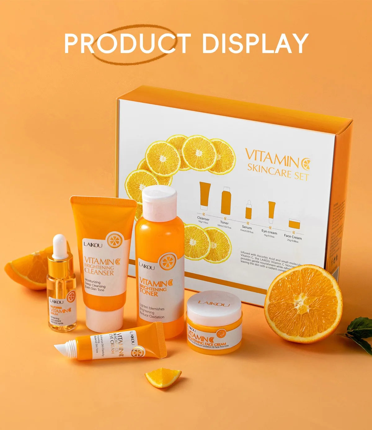 LAIKOU Vitamin C Series Skin Care Product Set 5-piece Moisturizing Skin Care Set Cleanser Toner Essence Eye Cream and Face Cream