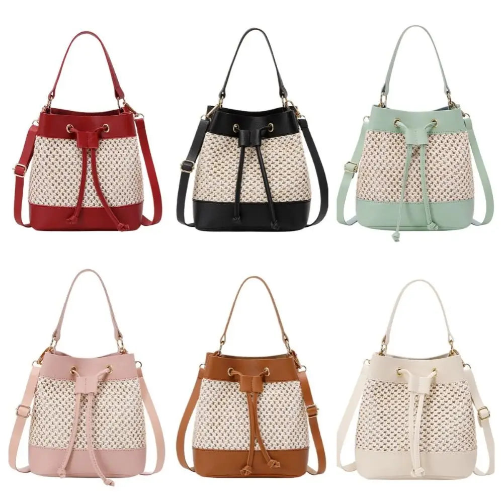 Bundle Pocket Straw Crossbody Bag Commute Handbag Drawstring Bucket Bag Messenger Bag Large Capacity Beach Shoulder Bag Girls
