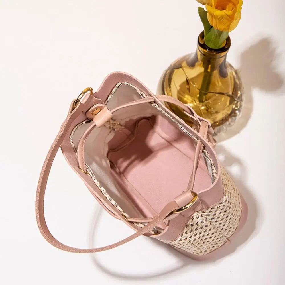 Bundle Pocket Straw Crossbody Bag Commute Handbag Drawstring Bucket Bag Messenger Bag Large Capacity Beach Shoulder Bag Girls