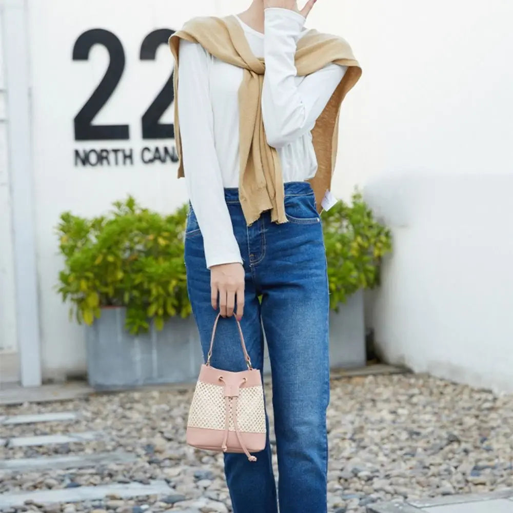 Bundle Pocket Straw Crossbody Bag Commute Handbag Drawstring Bucket Bag Messenger Bag Large Capacity Beach Shoulder Bag Girls