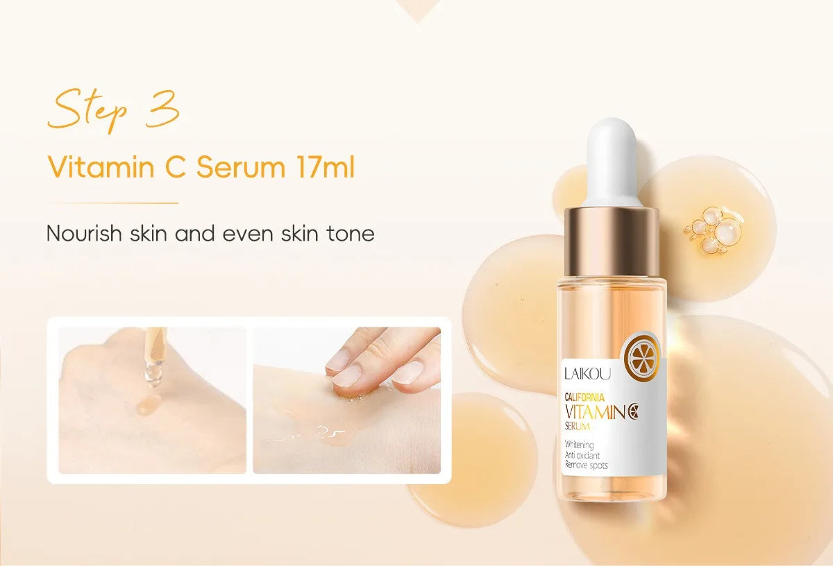 LAIKOU Vitamin C Series Skin Care Product Set 5-piece Moisturizing Skin Care Set Cleanser Toner Essence Eye Cream and Face Cream