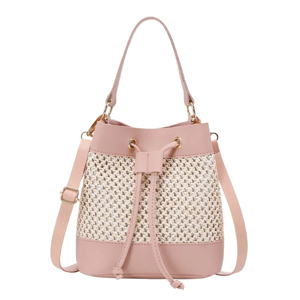 Bundle Pocket Straw Crossbody Bag Commute Handbag Drawstring Bucket Bag Messenger Bag Large Capacity Beach Shoulder Bag Girls