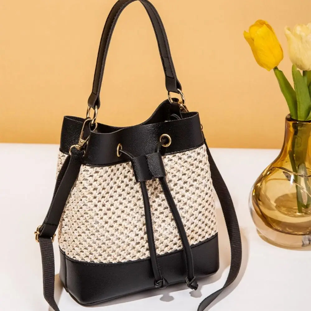 Bundle Pocket Straw Crossbody Bag Commute Handbag Drawstring Bucket Bag Messenger Bag Large Capacity Beach Shoulder Bag Girls