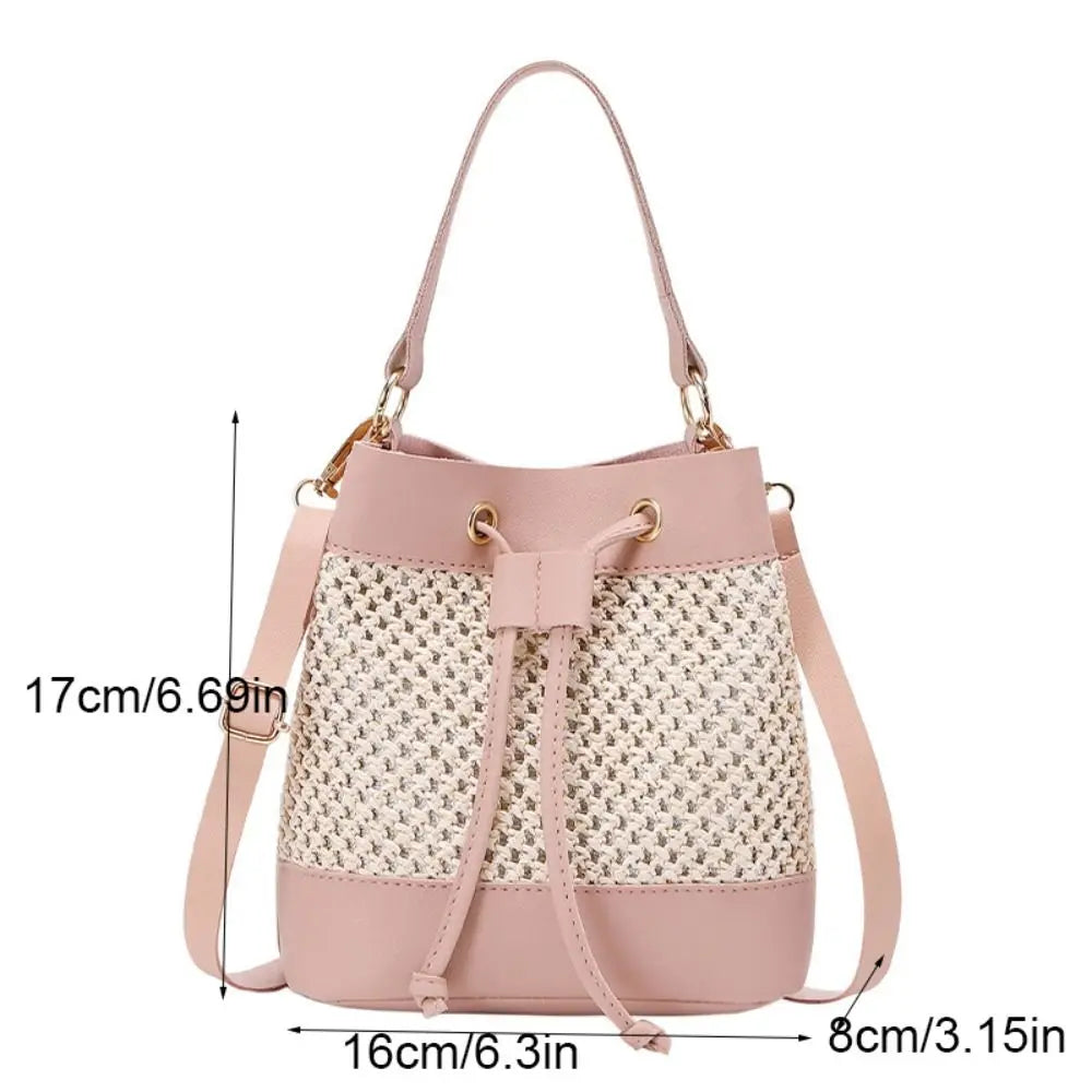 Bundle Pocket Straw Crossbody Bag Commute Handbag Drawstring Bucket Bag Messenger Bag Large Capacity Beach Shoulder Bag Girls