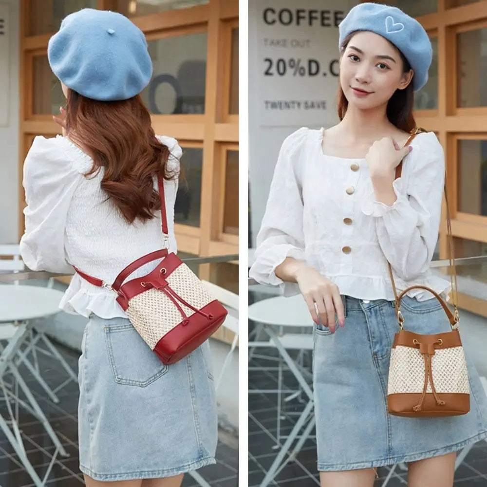 Bundle Pocket Straw Crossbody Bag Commute Handbag Drawstring Bucket Bag Messenger Bag Large Capacity Beach Shoulder Bag Girls