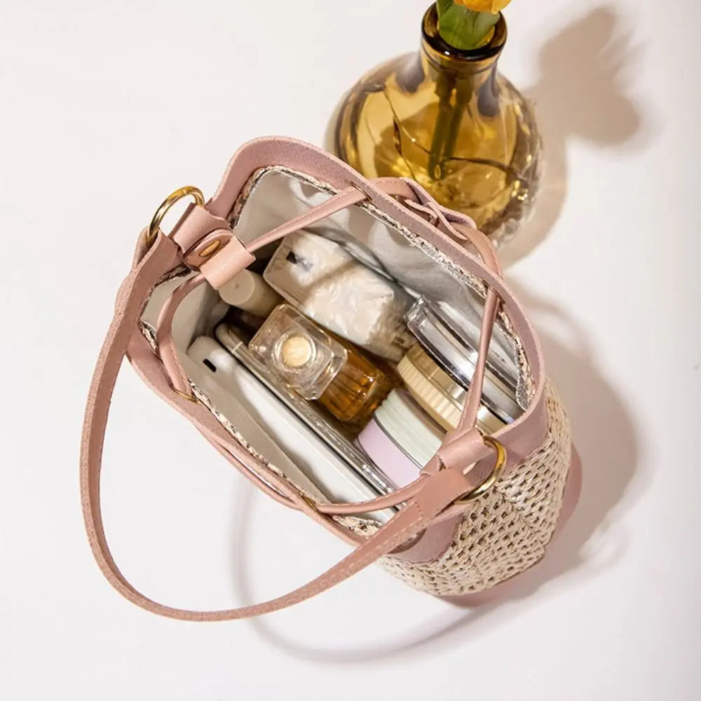 Bundle Pocket Straw Crossbody Bag Commute Handbag Drawstring Bucket Bag Messenger Bag Large Capacity Beach Shoulder Bag Girls