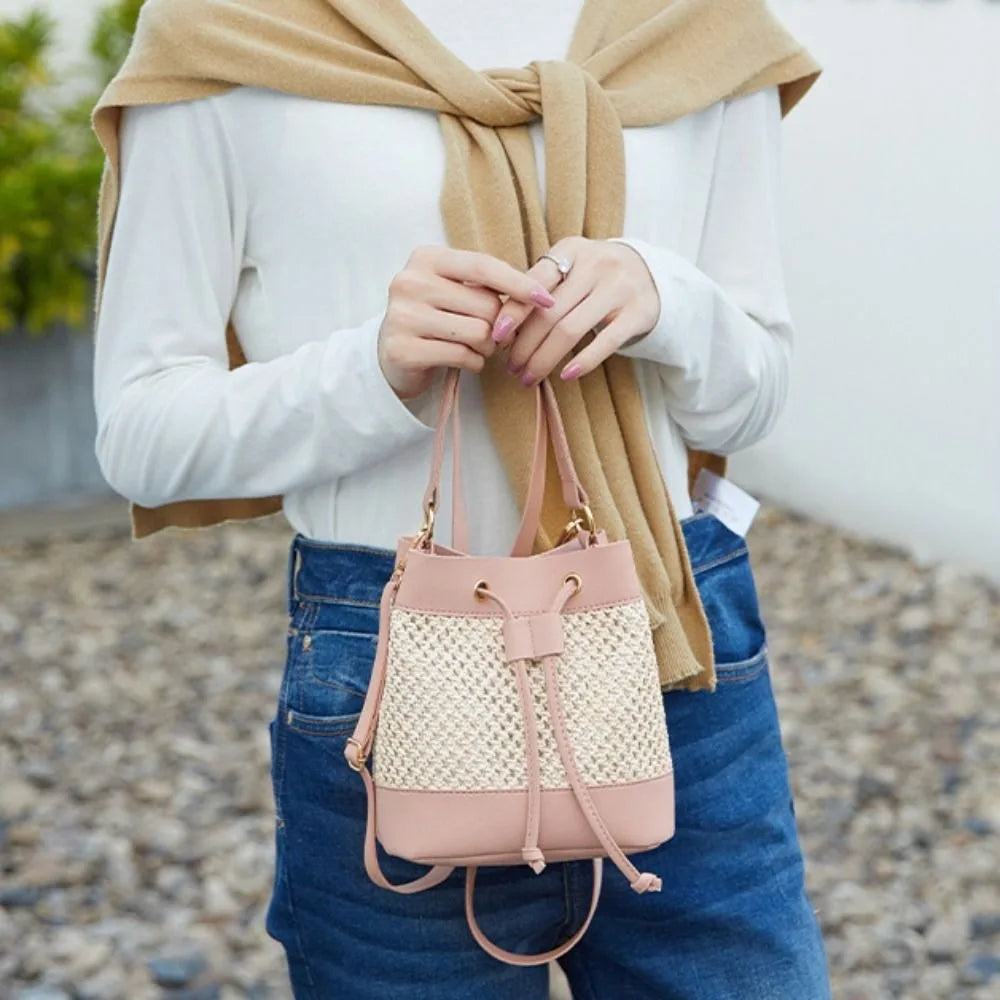 Bundle Pocket Straw Crossbody Bag Commute Handbag Drawstring Bucket Bag Messenger Bag Large Capacity Beach Shoulder Bag Girls