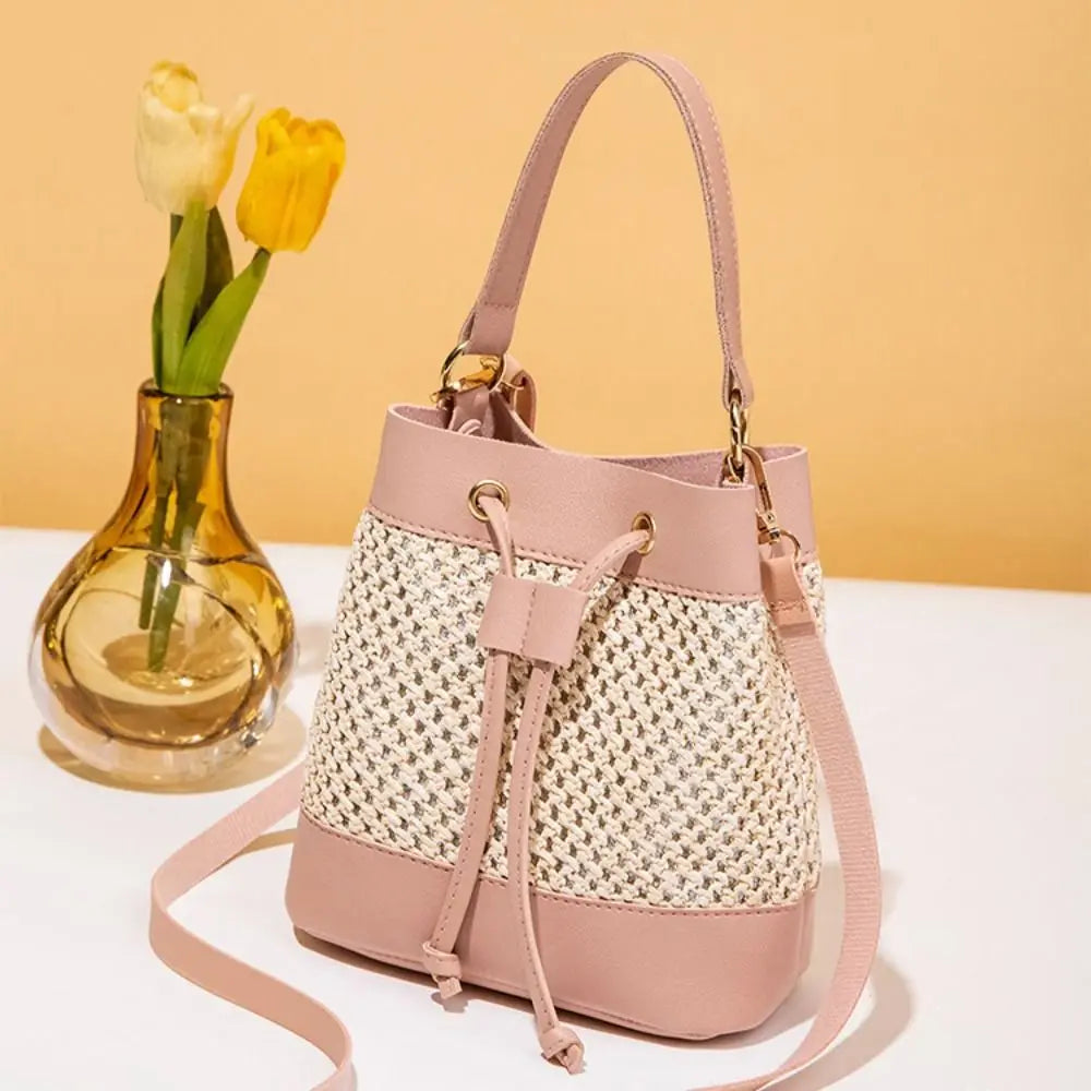 Bundle Pocket Straw Crossbody Bag Commute Handbag Drawstring Bucket Bag Messenger Bag Large Capacity Beach Shoulder Bag Girls