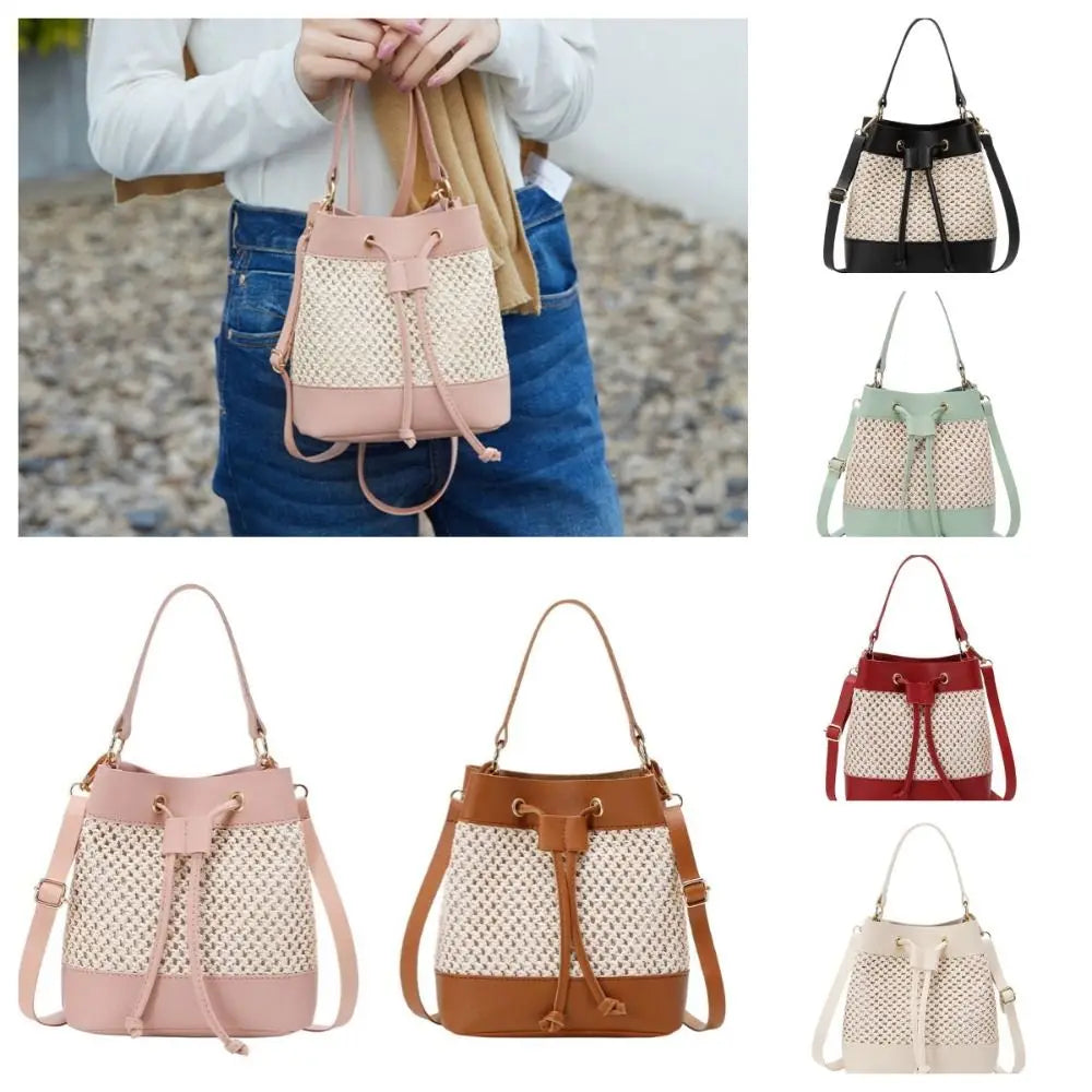 Bundle Pocket Straw Crossbody Bag Commute Handbag Drawstring Bucket Bag Messenger Bag Large Capacity Beach Shoulder Bag Girls